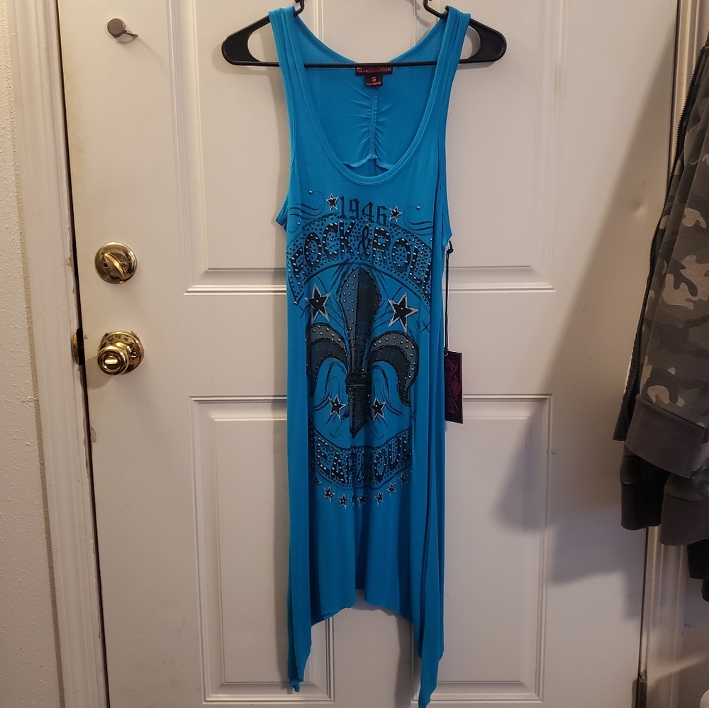 Rock & Roll Cowgirl Turq Dress w/Print Front and Studs Sz Sm